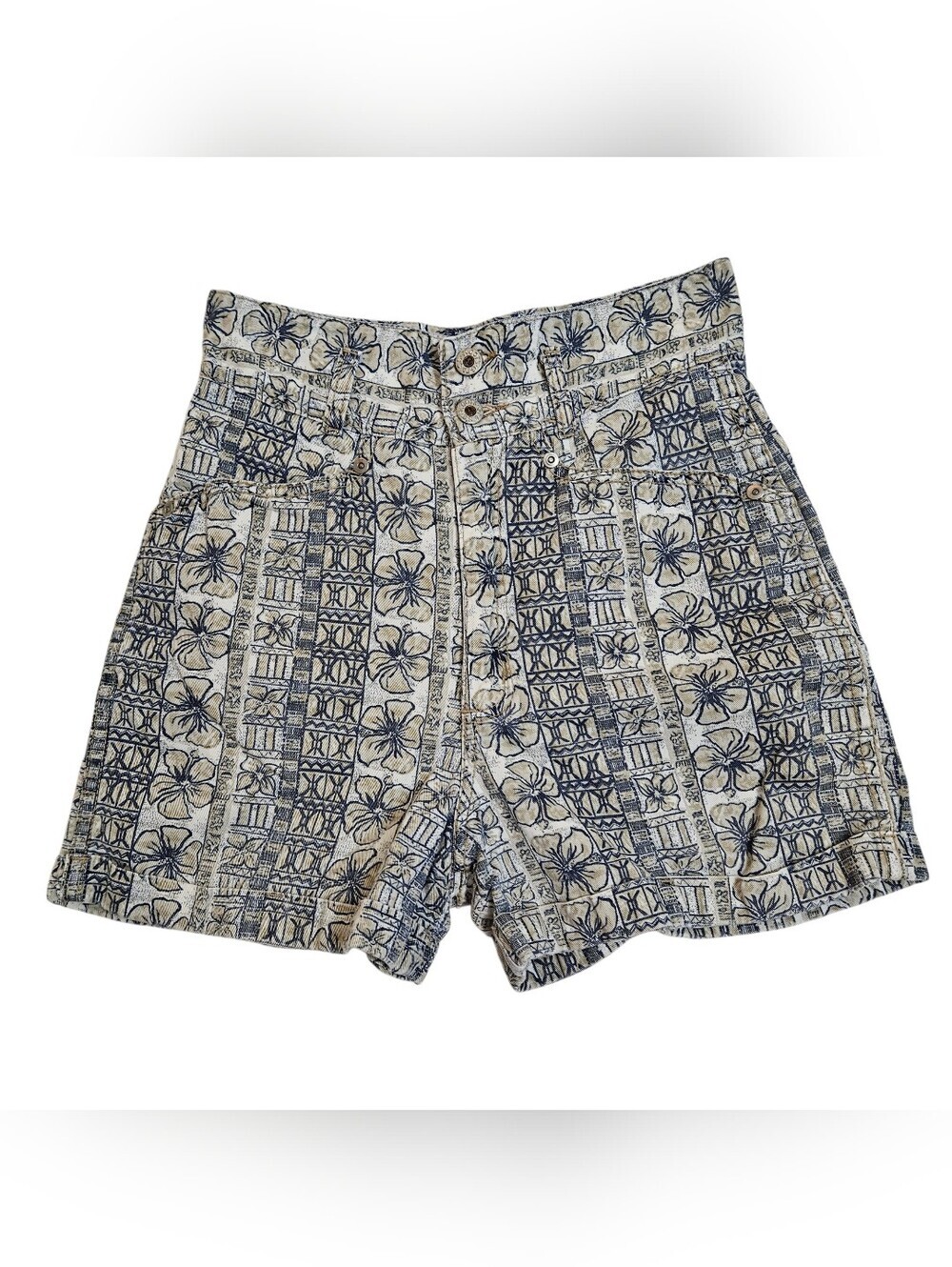 Vintage Grass Roots Beige & Navy Floral Cuffed Hem High Waisted Shorts 5/6 USA